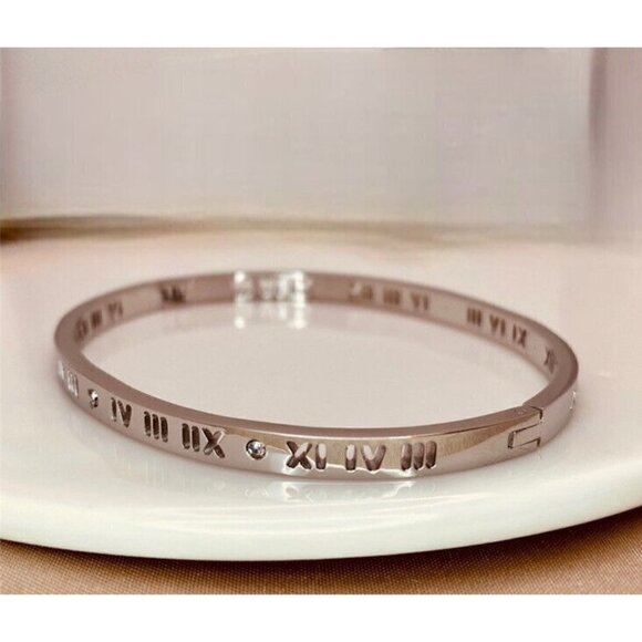 White Gold Roman Numeral Bangle Bracelet Cubic Zirconia Stackable womens jewelry - Picture 2 of 9